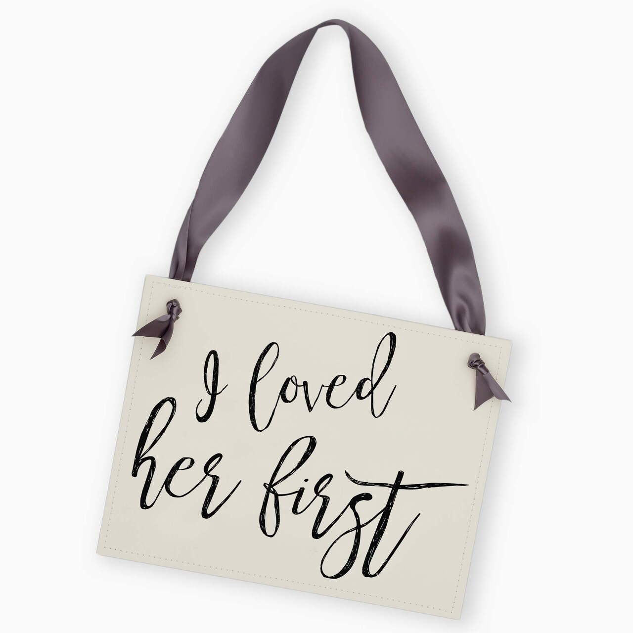 Ritzy Rose Cute Engagement Announcement Sign - Black on 11x8in Ivory Linen Cardstock with Slate Ribbon